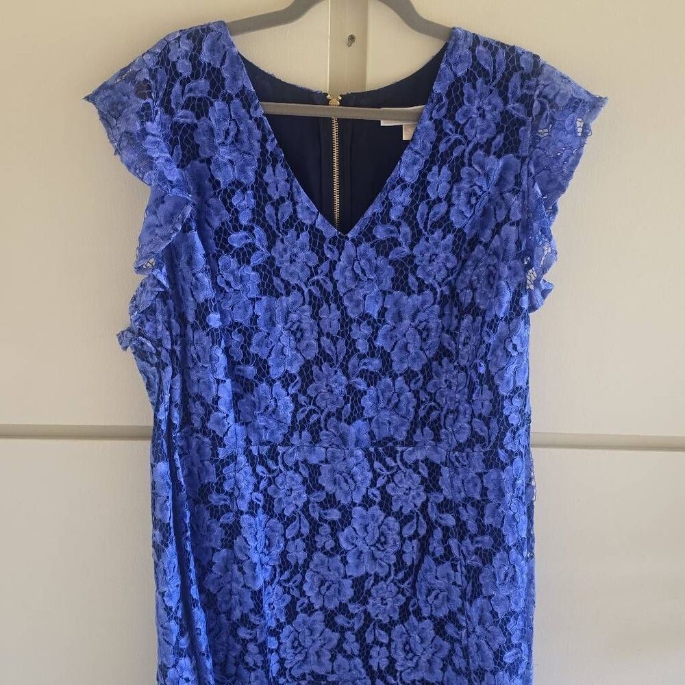 Michael Kors Plus "Crew Blue" Lace Mini Dress, Flutter Sleeves, V-Neck, NWT, 16W - Picture 2 of 12